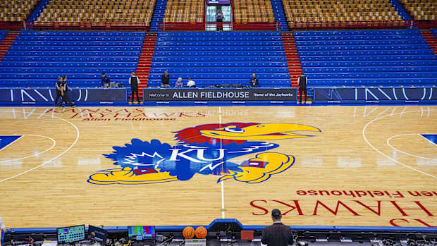 Dec 31, 2022; Lawrence, Kansas, USA; A general view of the center court logo prior to a game between the Kansas Jayhawks and Oklahoma State Cowboys at Allen Fieldhouse. Mandatory Credit: Denny Medley-USA TODAY Sports